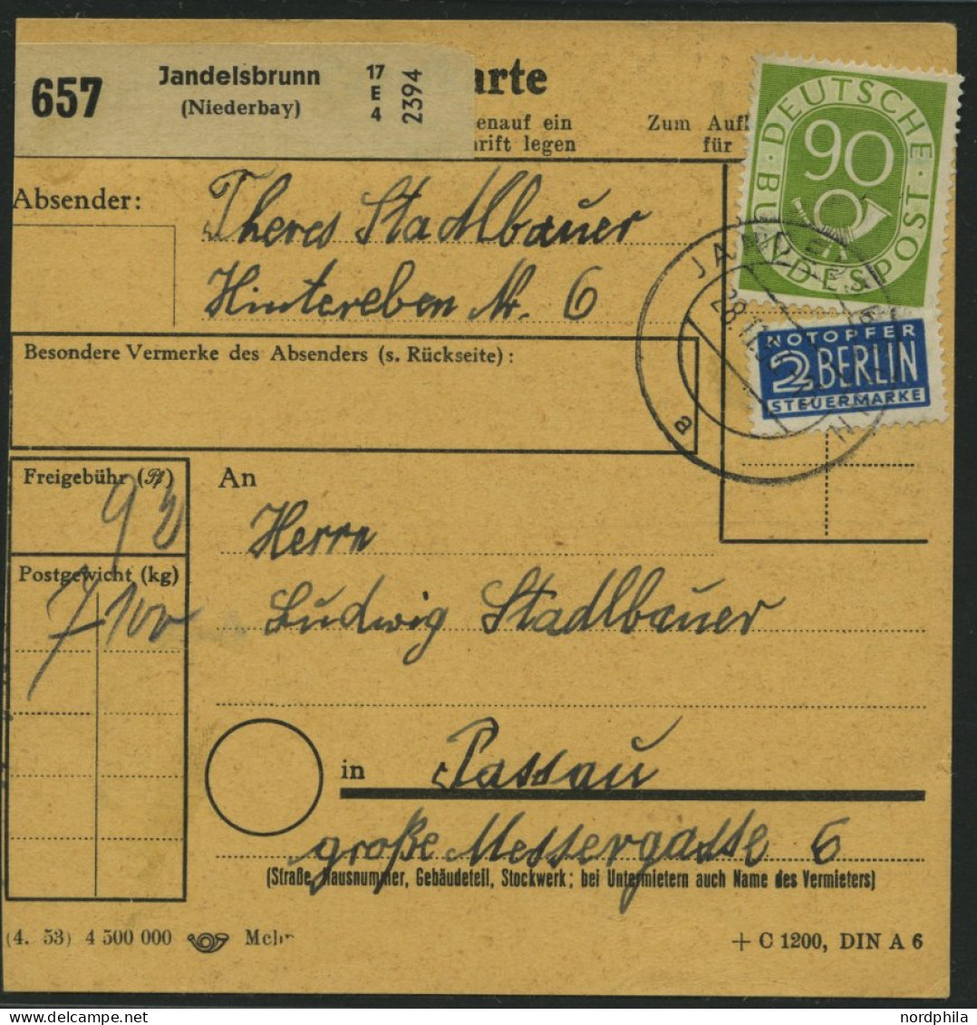 BUNDESREPUBLIK 138 BRIEF, 1953, 90 Pf. Posthorn, Einzelfrankatur Auf Paketkarte Aus JANDELSBRUNN, Pracht - Covers & Documents