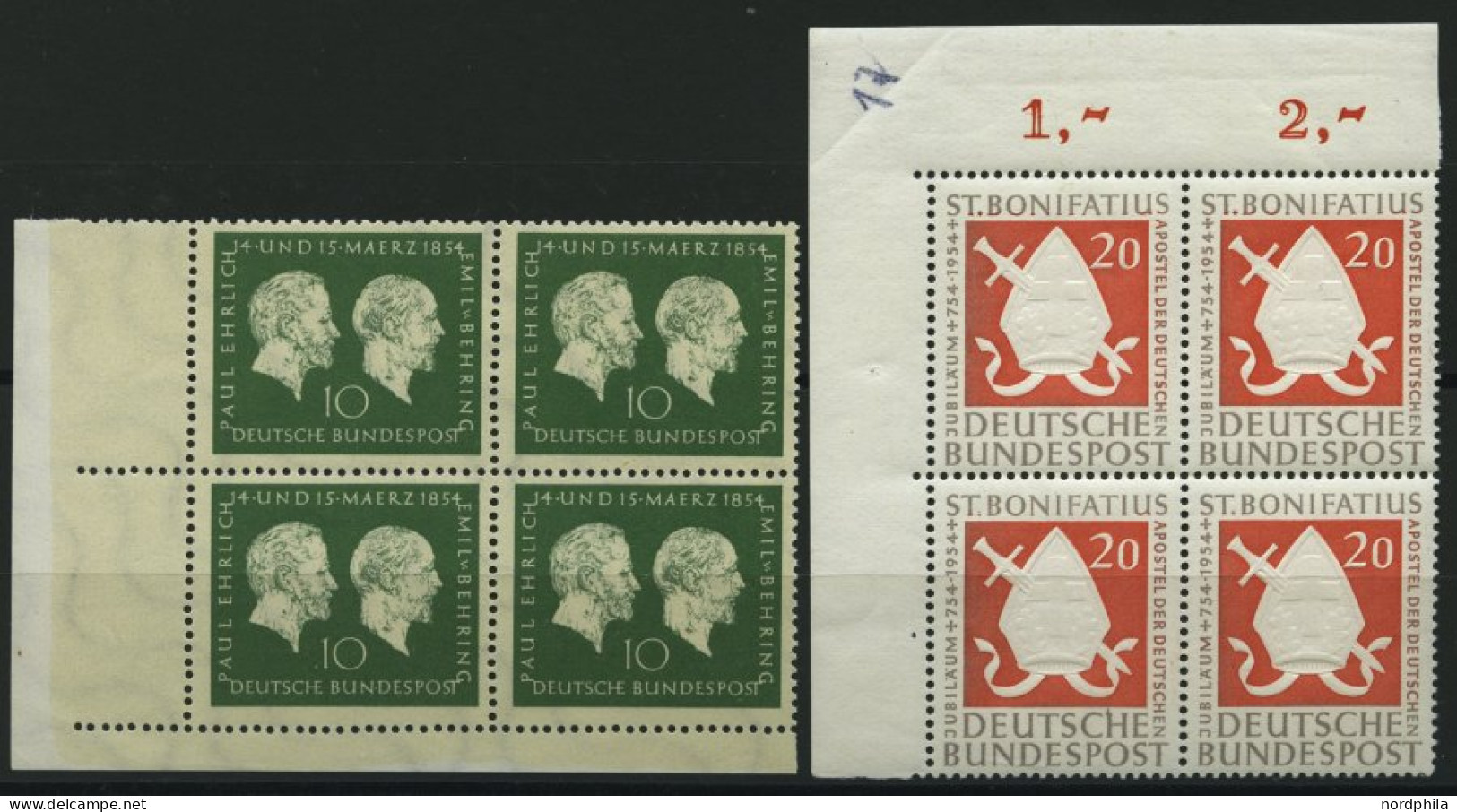 BUNDESREPUBLIK 197,199 VB , 1954, 10 Pf. Ehrlich Und 20 Pf. Bonifatius Je Im Eckrandviererblock, Pracht, Mi. 84.- - Ungebraucht