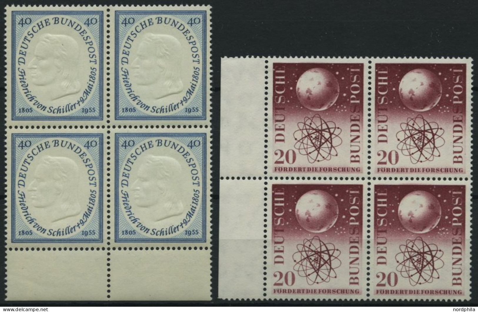 BUNDESREPUBLIK 210,214 VB , 1955, 40 Pf. Schiller Und 20 Pf. Forschungsförderung, Je Im Randviererblock, Pracht, Mi. 120 - Nuovi