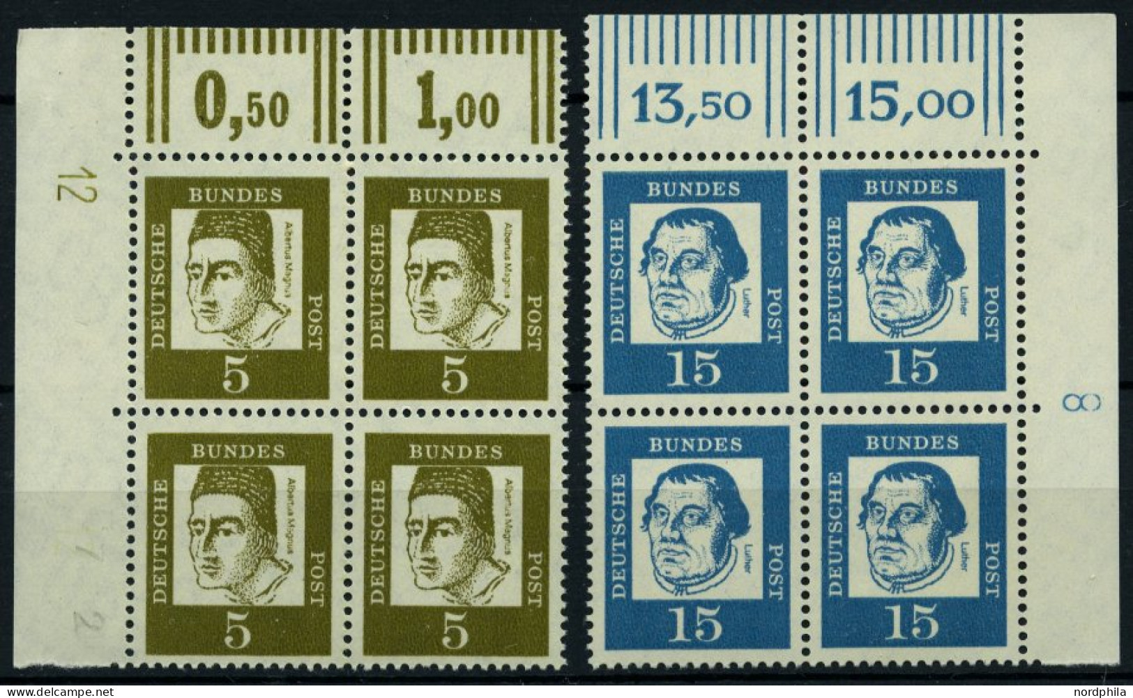 BUNDESREPUBLIK 347y,351yDZ VB , 1961, 5 Und 15 Pf. Bedeutende Deutsche In Eckrandviererblocks Vom Oberrand Mit Druckerei - Ongebruikt
