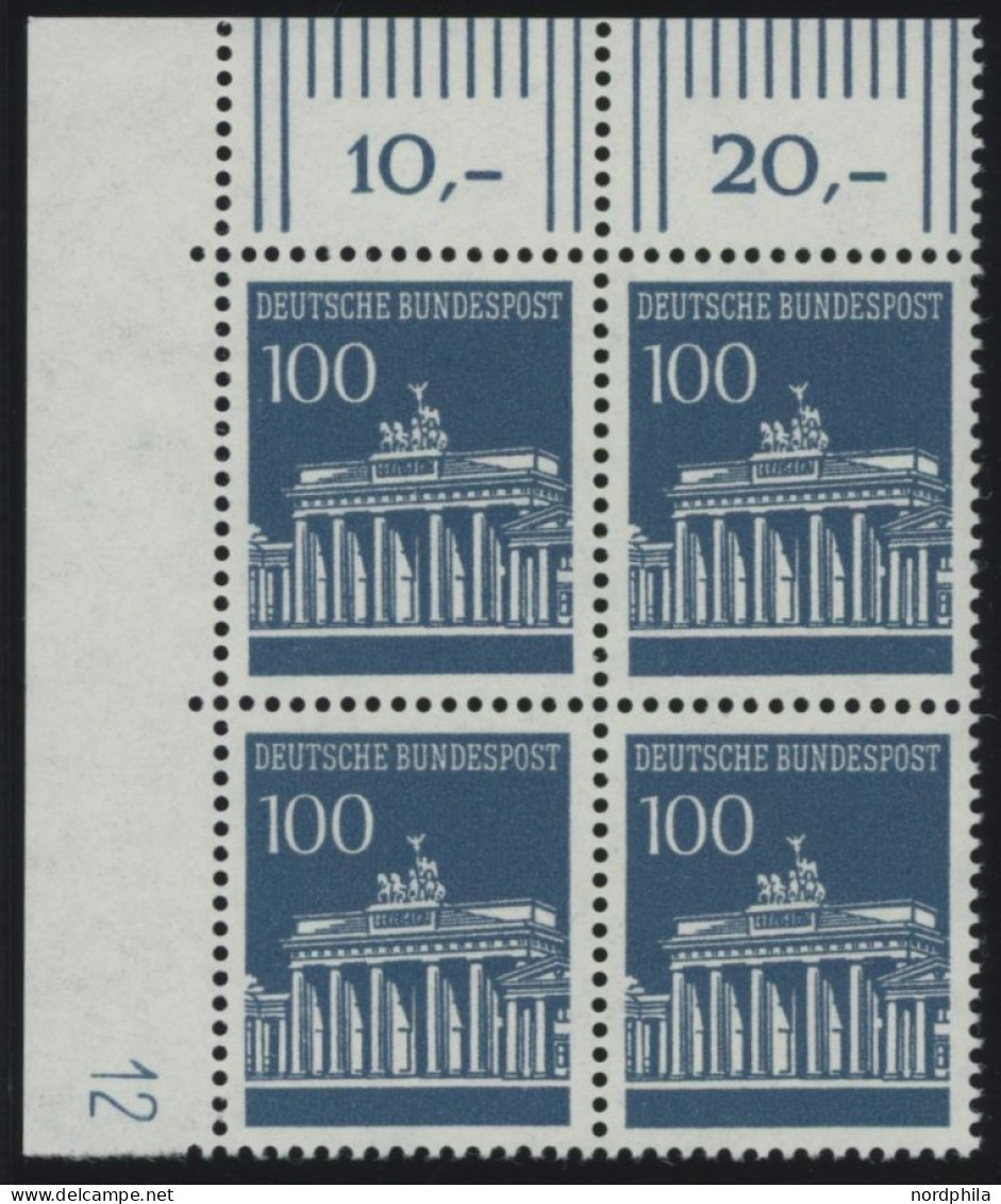 BUNDESREPUBLIK 510vDZ VB , 1966, 100 Pf. Brandenburger Tor, Oberer Linker Eckrandviererblock Mit Druckereizeichen 12, Po - Ongebruikt
