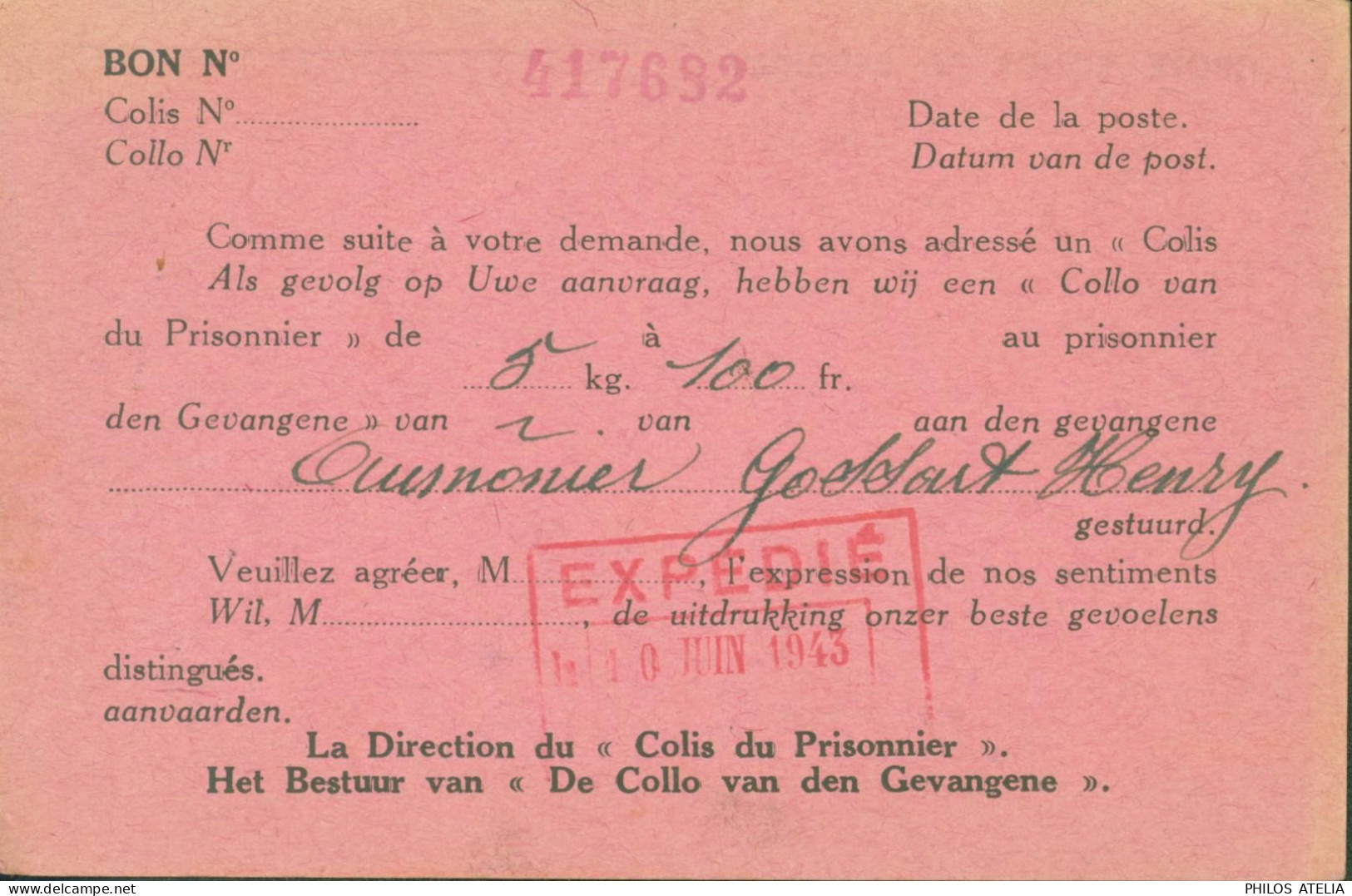 Guerre 40 Carte Croix Rouge Belgique Le Colis Du Prisonnier Bruxelles Franchise Port Confirmation Envoi Colis - Guerre 40-45 (Lettres & Documents)