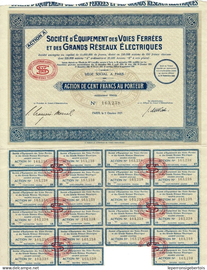 Titre De 1929 - Société D'Equipement Des Voies Ferrées Et Des Grands Réseaux Electriques - - Railway & Tramway