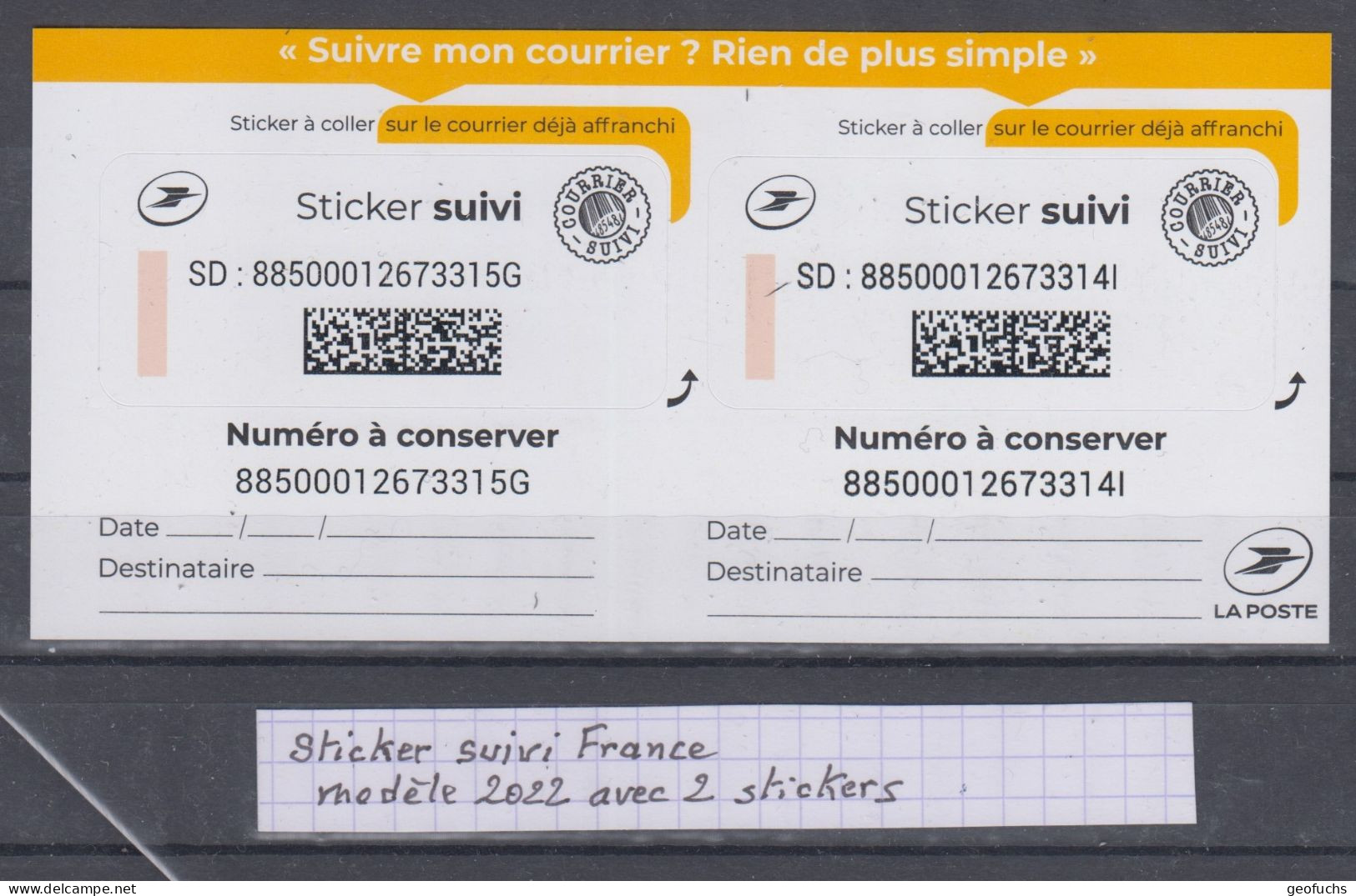 France Feuille De 2 Stickers Pour Courrier Suivi En France Mod 2022 - Colecciones Completas