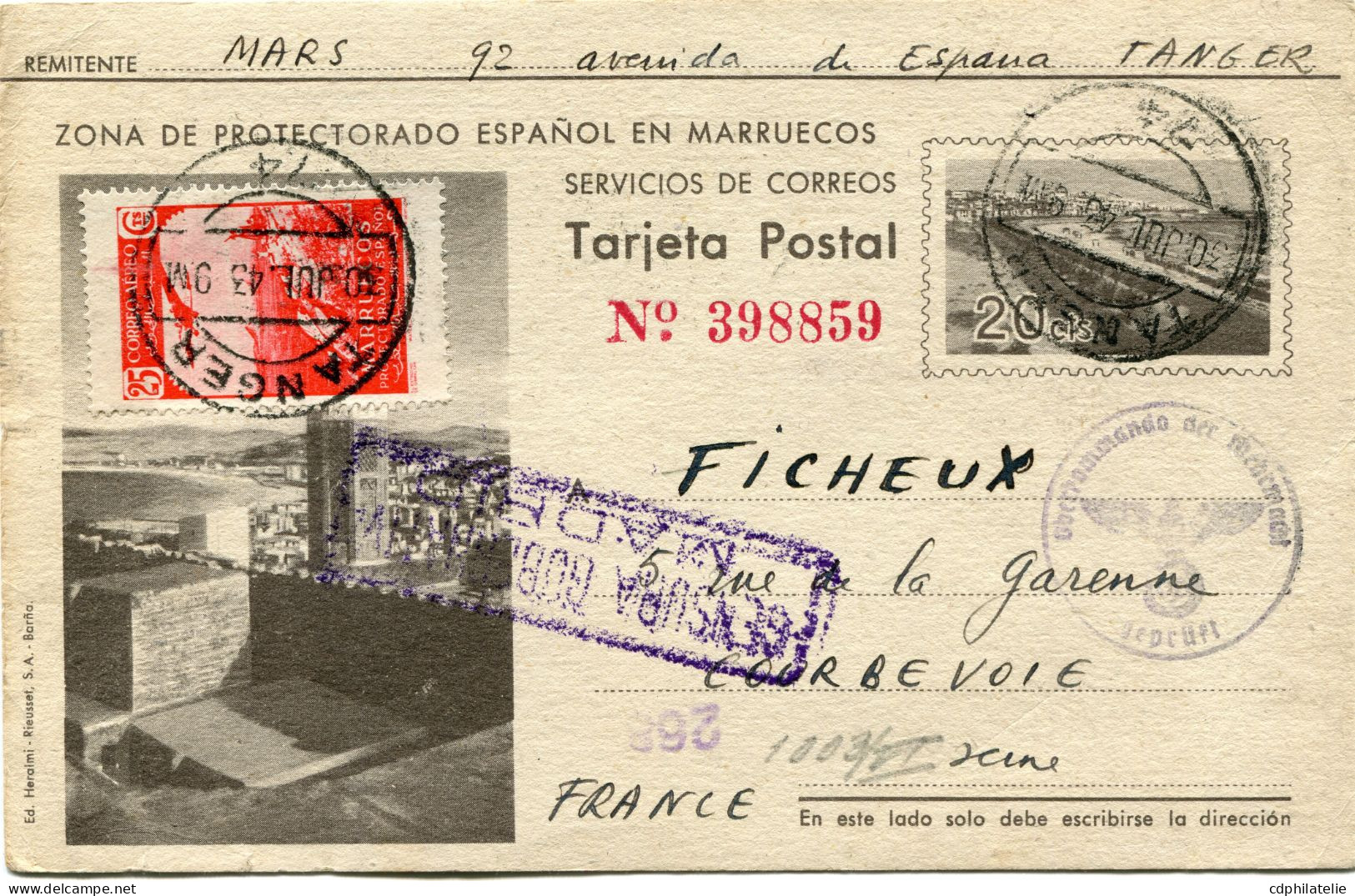 MAROC ESPAGNOL ENTIER POSTAL CENSURE AVEC AFFRANCHISSEMENT COMPL DEPART TANGER 30 JUL 43 POUR LA FRANCE - Spaans-Marokko