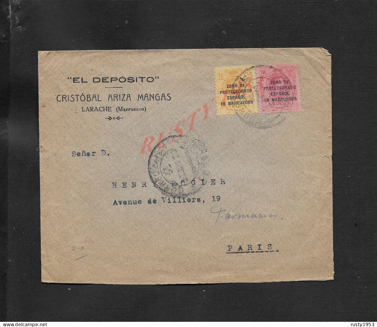 TRES RARE LETTRE TIMBRE ZONA PROTEOTORADO ANCIENNES COLONIES ESPANOL ( ESPAGNE ) EN MARRUECOS LARACHE DU  MAROC X PARIS - Mexico