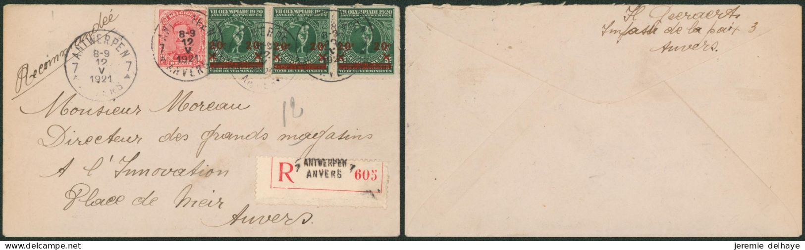 Affranch. Mixte - N°138 Et 184 X3 Sur Lettre En Recommandé De Antwerpen / Anvers (1921) > Anvers / Olympiade. - Storia Postale