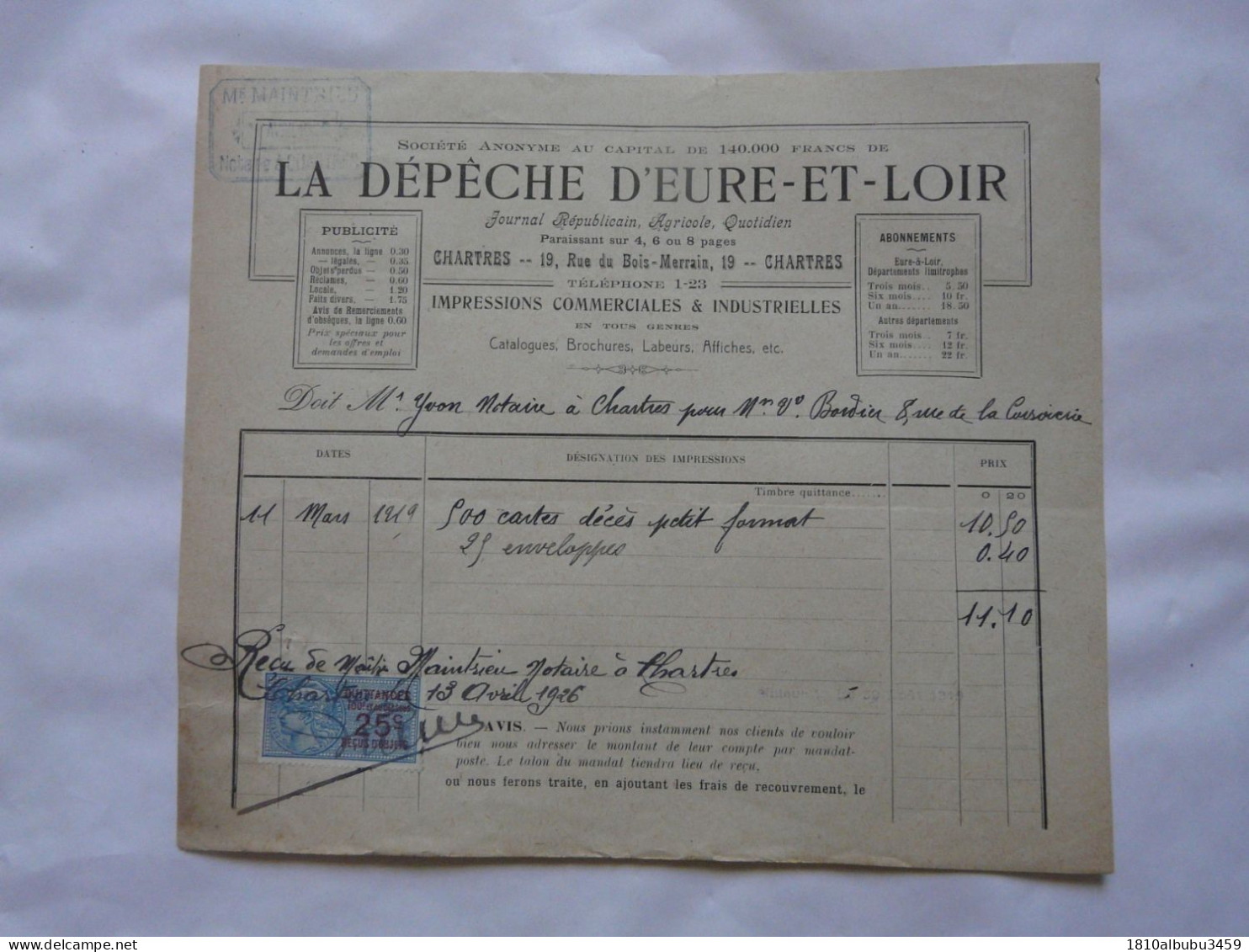 FACTURE ANCIENNE : LA DEPÊCHE D'EURE-ET-LOIR - Rue Du Bois-Merrain à CHARTRES - 1900 – 1949