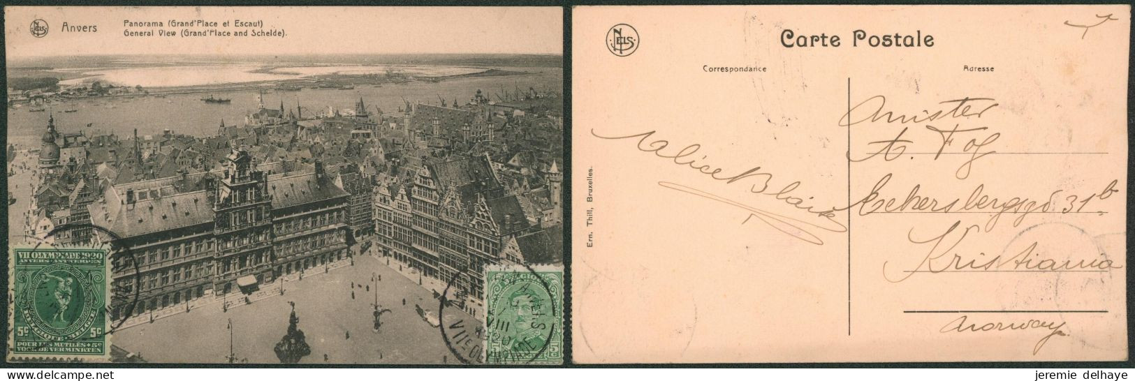 Affranch. Mixte - N°137 Et 179 Sur CP Vue Obl "Antwerpen - Anvers / VIIe Olympiade" (1920) > Kristiana (Norvège). R ! - Storia Postale