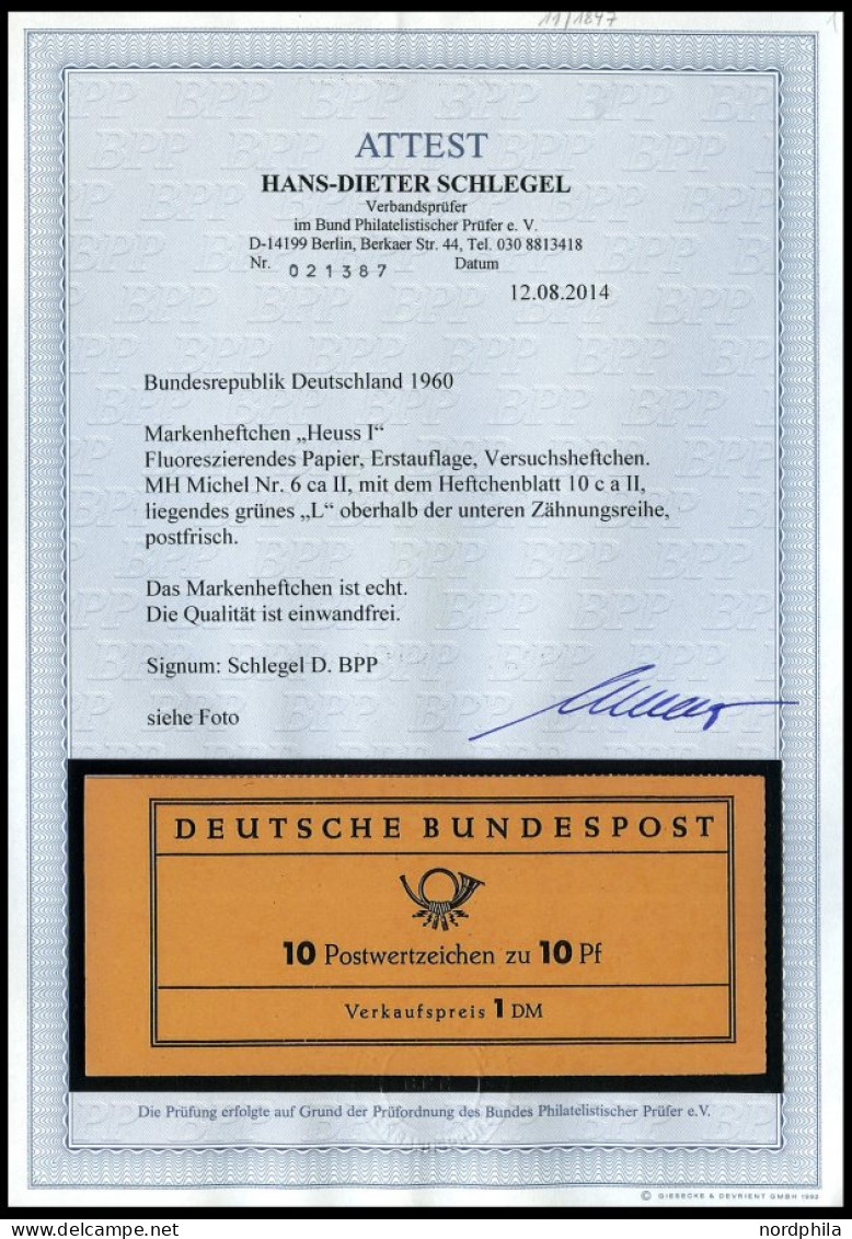 ZUSAMMENDRUCKE MH 6caII , 1960, Markenheftchen Heuss Lumogen, Erstauflage, Mit Liegendem Grünen L Oberhalb Der Unteren Z - Sonstige & Ohne Zuordnung
