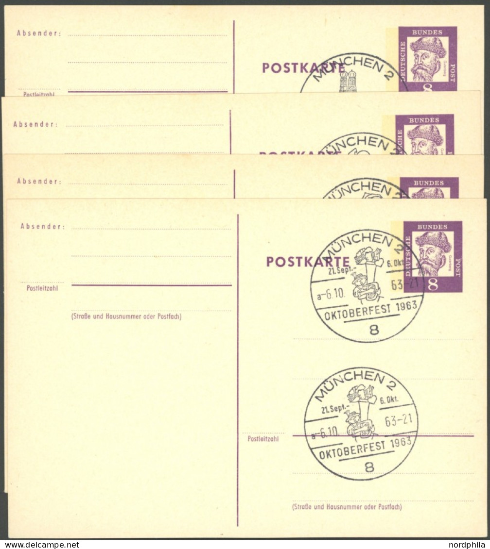GANZSACHEN P 73 BRIEF, 1962, 8 Pf. Gutenberg, In Grotesk-Schrift, 4 Postkarten Leer Gestempelt Mit Verschiedenen Sonders - Autres & Non Classés