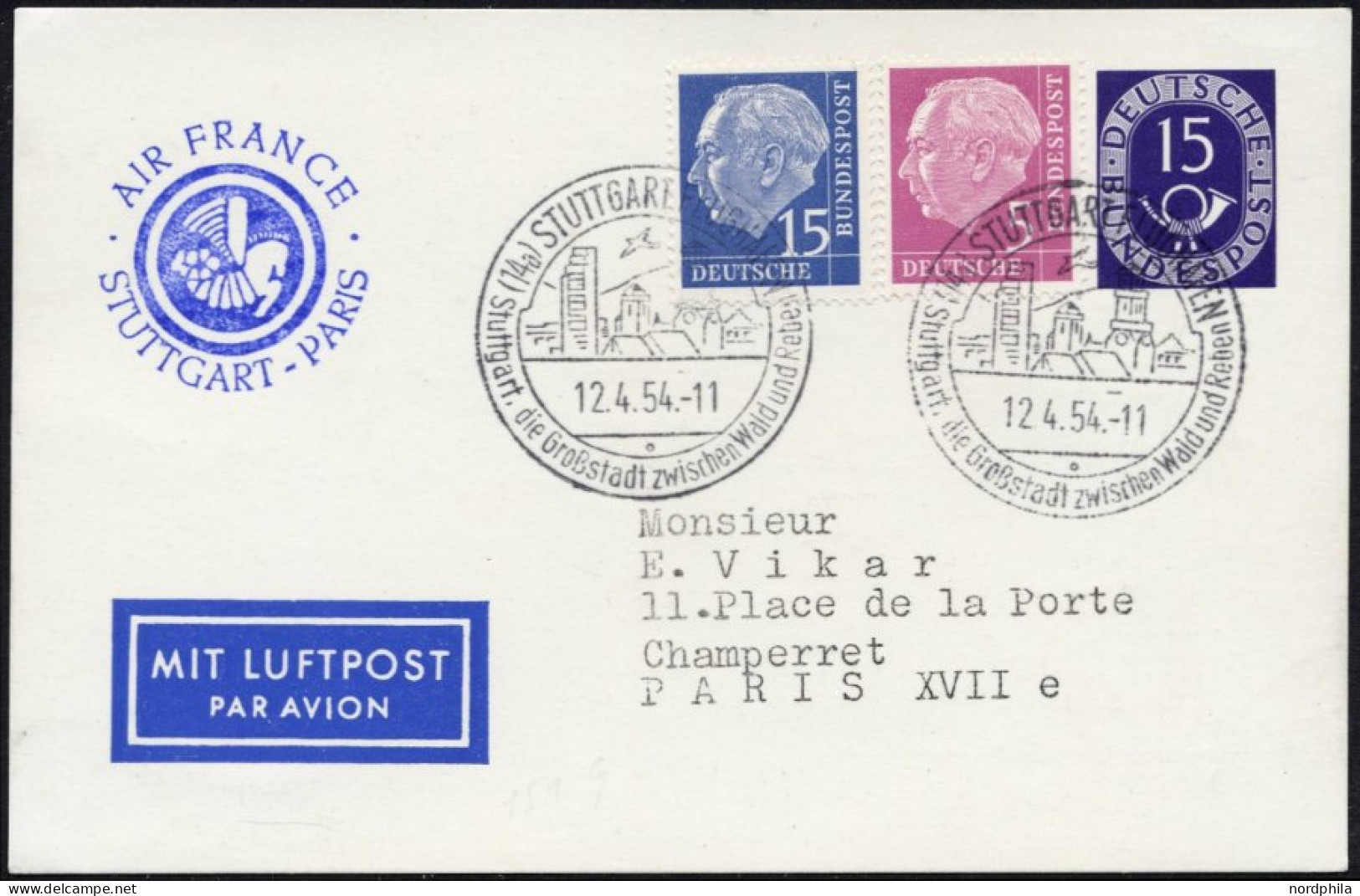 GANZSACHEN PP 4 BRIEF, 1954, 15 Pf. Posthorn Mit 5 Und 15 Pf. Heuß-Zusatzfrankatur, Erstflugkarte Stuttgart-Paris (Haber - Altri & Non Classificati