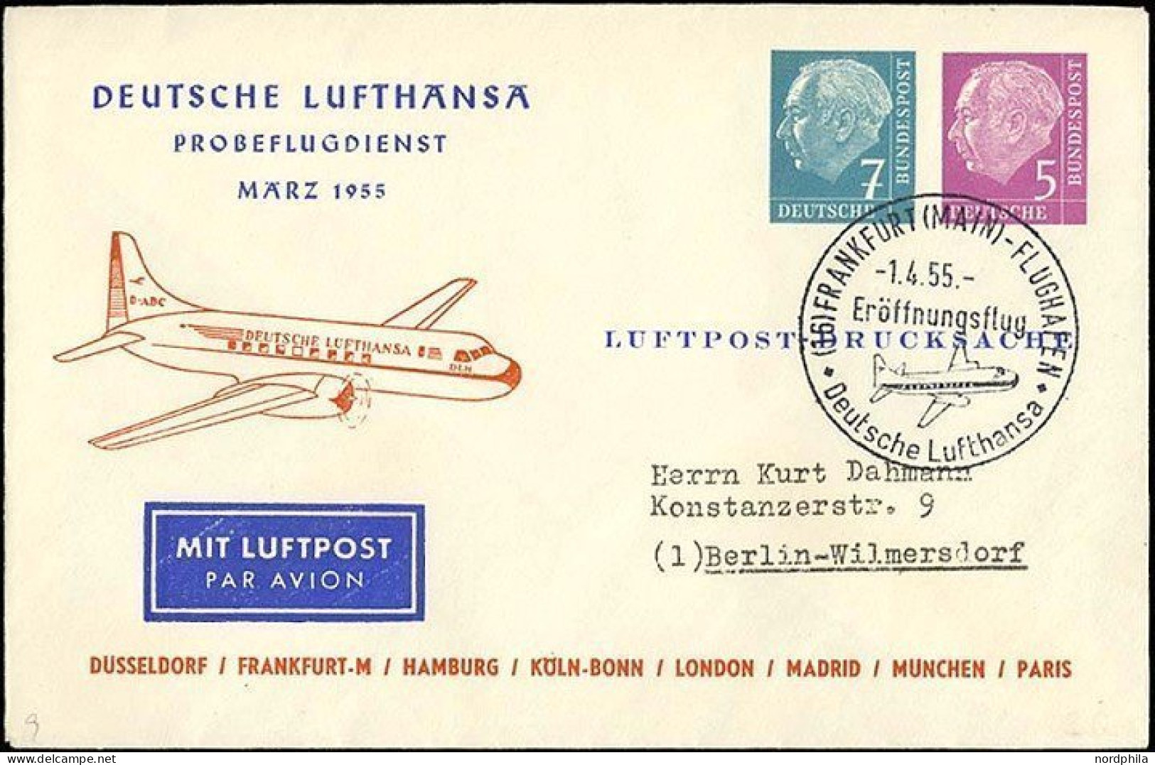 GANZSACHEN PU 10/3 BRIEF, 1954, Privat-Ganzsachenumschlag 7 + 5 Pf. Heuß I, Luftpost-Drucksache DL Probeflug März 1955,  - Sonstige & Ohne Zuordnung