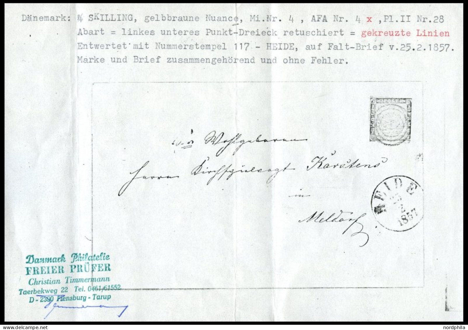 DÄNEMARK 4 BRIEF, 1954, 4 S. Rotbraun, Platte II, Nr. 28, Mit Abart Linkes Unteres Punktdreieck Retuschiert (AFA 4x), Nu - Gebruikt