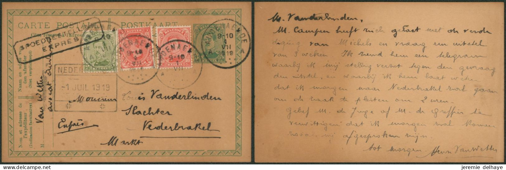 EP Au Type 5ctm Vert Albert I + N°137 Et 138 X2 En Expres De Audenarde (1919) > Nederbrakel çàd Arriv. Chemin De Fer - Postcards 1909-1934