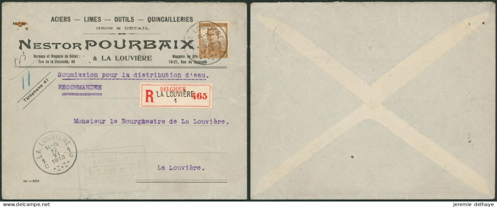 Pellens - N°113 SBD Sur Lettre En Recommandé De La Louvière (1913) > La Louvière - 1912 Pellens