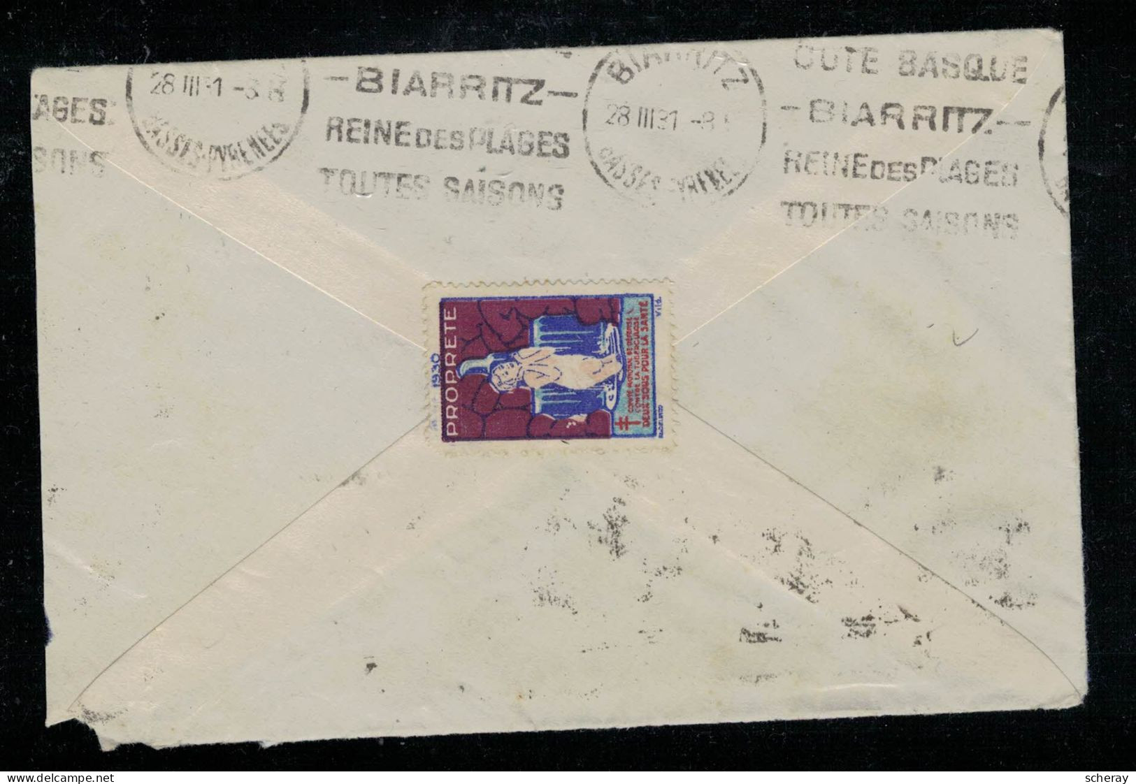 LOT 418  TIMBRE  POUR LA SANTE PROPRETE DE 1930 / LETTRE FLAMME  BIARRITZ 28 III 31 - Briefe U. Dokumente