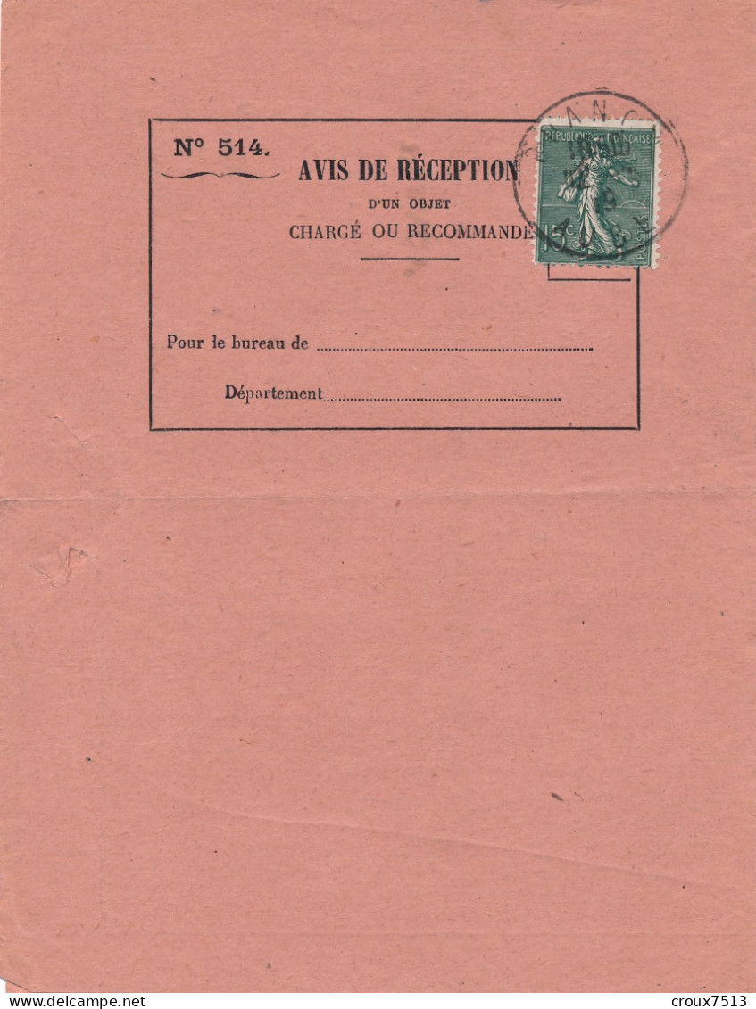 Avis De Réception N° 514 TTB. - 1903-60 Semeuse Lignée