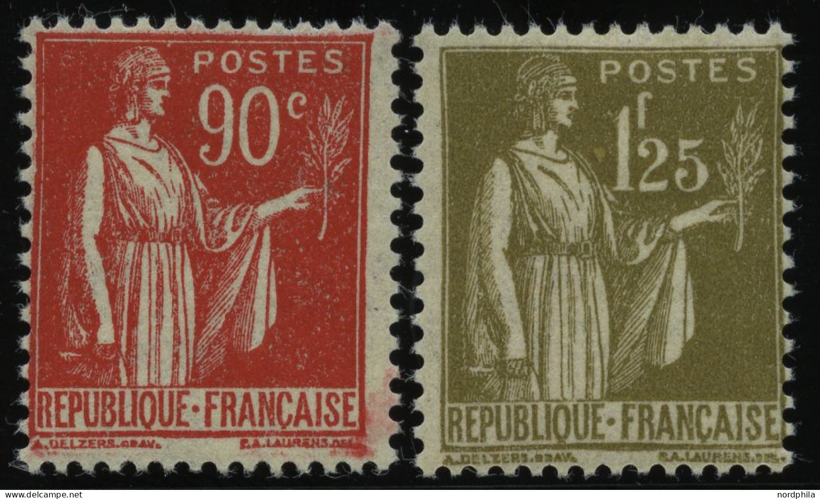 FRANKREICH 279,281 , 1932, 90 C. Dunkelrot Und 1.25 Fr. Dunkeloliv, Falzrest, 2 Prachtwerte - Autres & Non Classés