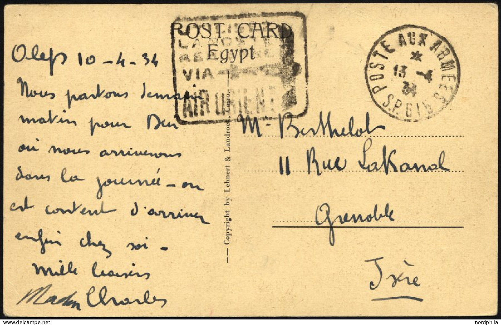 FRANKREICH FELDPOST 1934, K1 POSTE AUX ARMÉES/S.P.615 Und Militärstempel Auf Feldpost-Ansichtskarte Aus Aleppo, Pracht - Military Postmarks From 1900 (out Of Wars Periods)