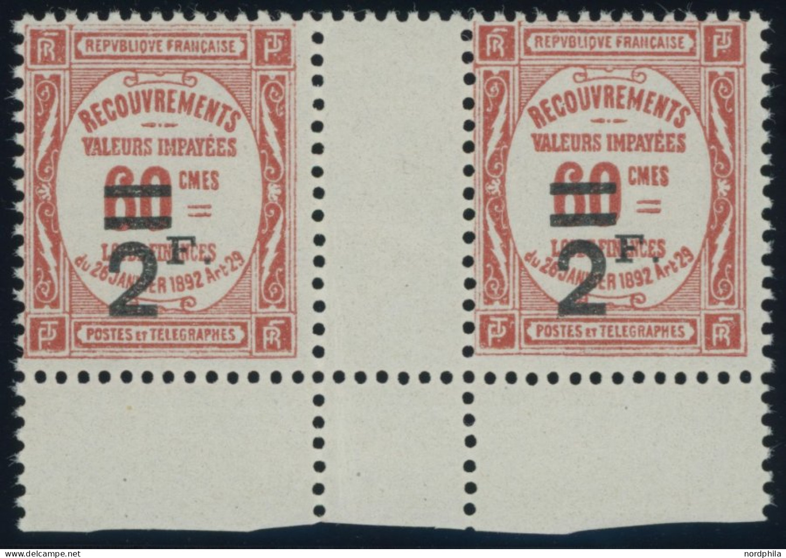 PORTOMARKEN P 56ZW , 1926, 2 Fr. Auf 60 C. Ziegelrot Im Waagerechten Zwischenstegpaar, Postfrisch, Pracht - Other & Unclassified