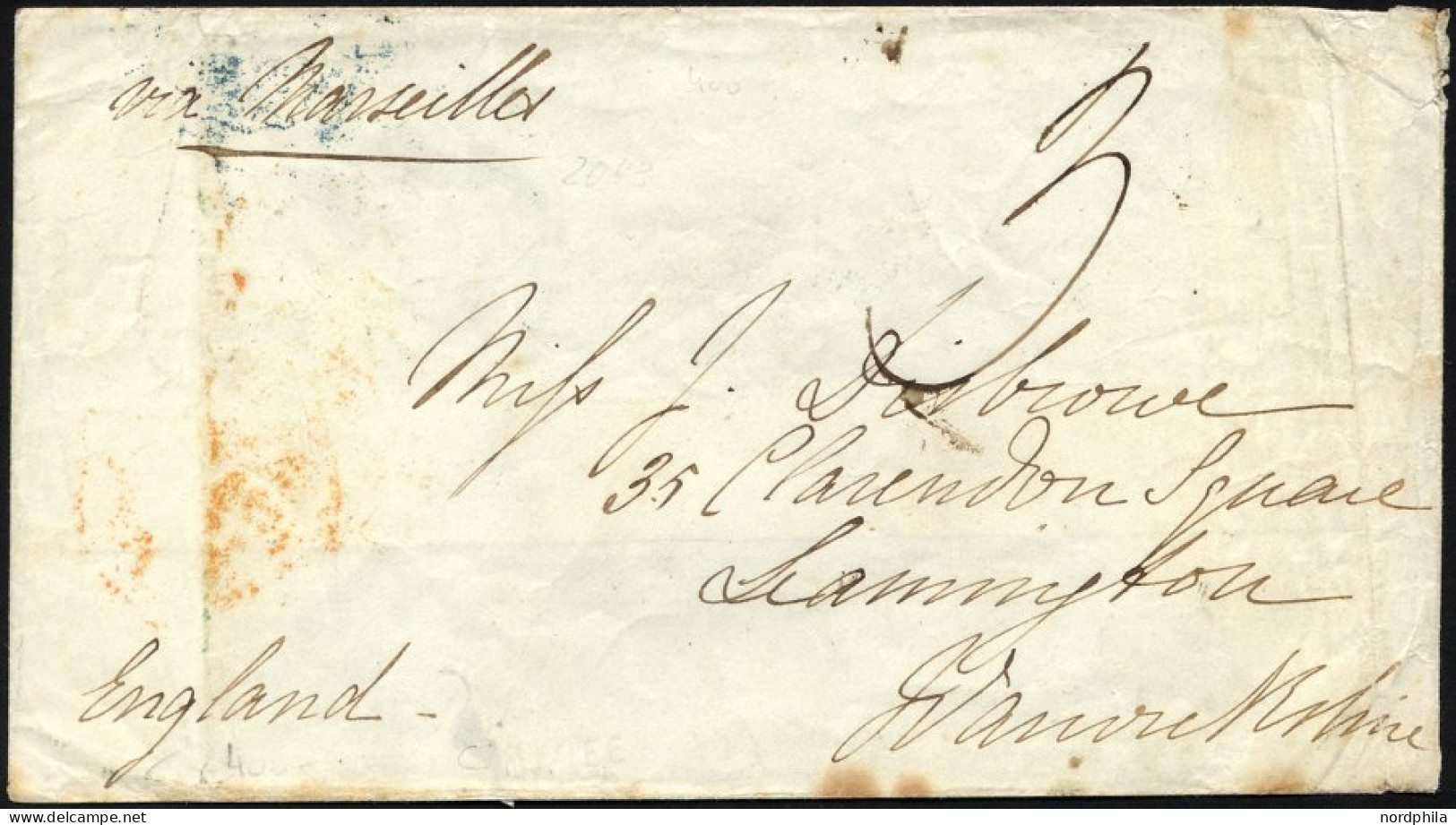 BRITISCHE MILITÄRPOST 1856, Rückseitig Blaugrüner K1 ...POST OFFICE Sowie Vorderseitig Handschrifltich Taxe 3 Auf Feldpo - Oblitérés