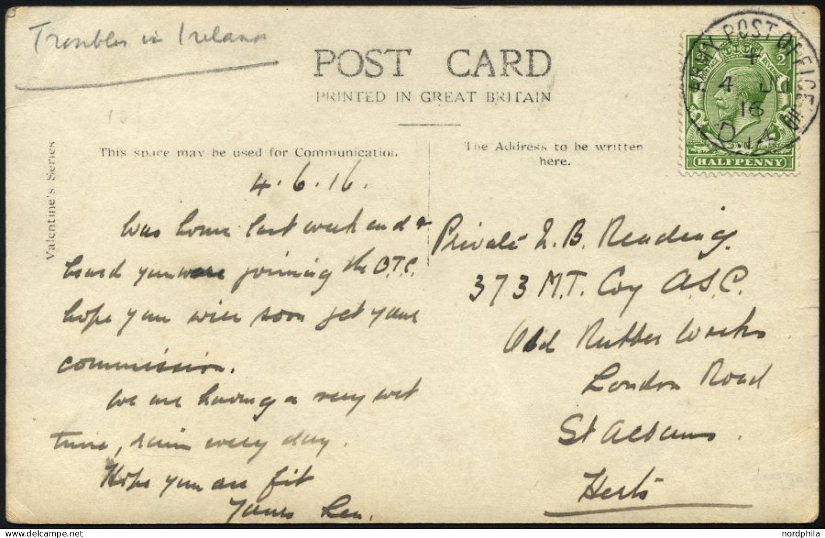 BRITISCHE MILITÄRPOST 127 BRIEF, 1916, 1/2 P. Gelbgrün Mit K1 ARMY POST OFFICE/D 14 Auf Feldpost-Ansichtskarte Aus Dem H - Otros & Sin Clasificación