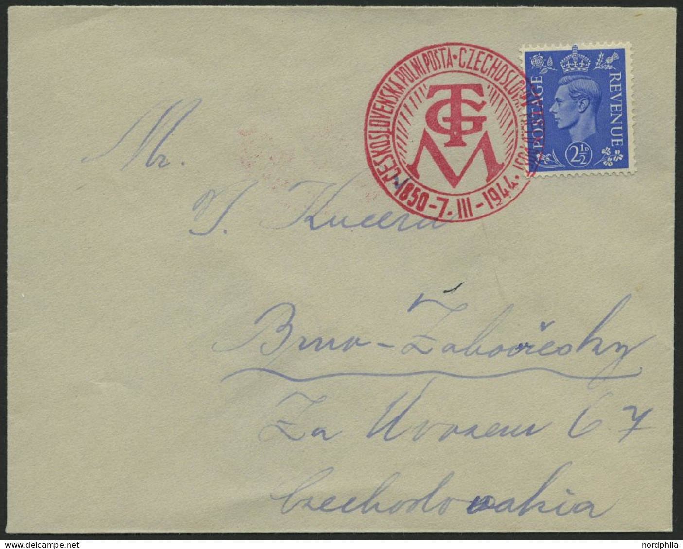 GROSSBRITANNIEN 1944, 21/2 P. Blau Auf Brief Mit Tschechischem Feldpoststempel Nr. 24, Pracht - Gebruikt