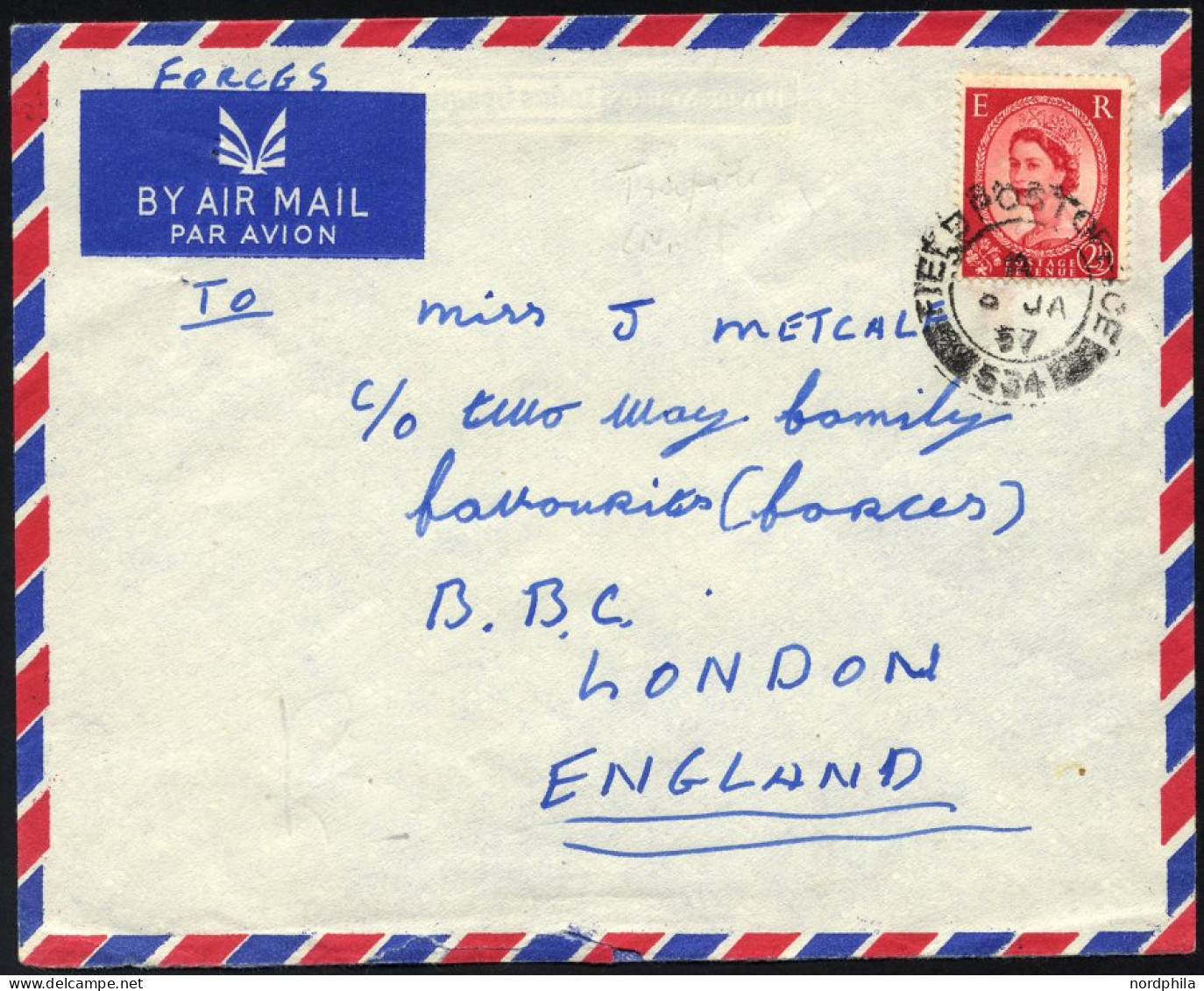 BRITISCHE MILITÄRPOST 261 BRIEF, 1957, K2 FIELD POST SERVICE/534 Auf Feldpostbrief Nach London über Das Britische Hauptf - Gebraucht