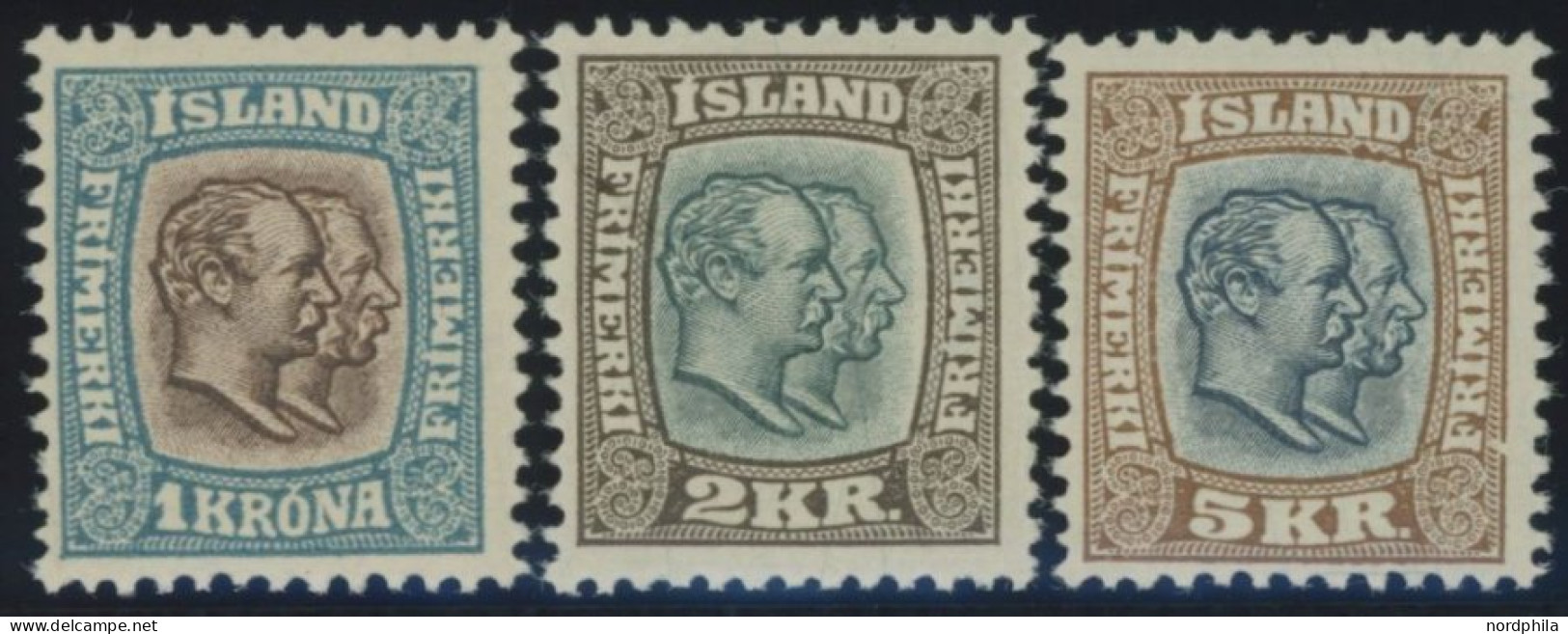 ISLAND 60-62 , 1907 1 - 5 Kr. Doppelportrait, Falzrest, 3 Prachtwerte,Mi. 222.- - Autres & Non Classés