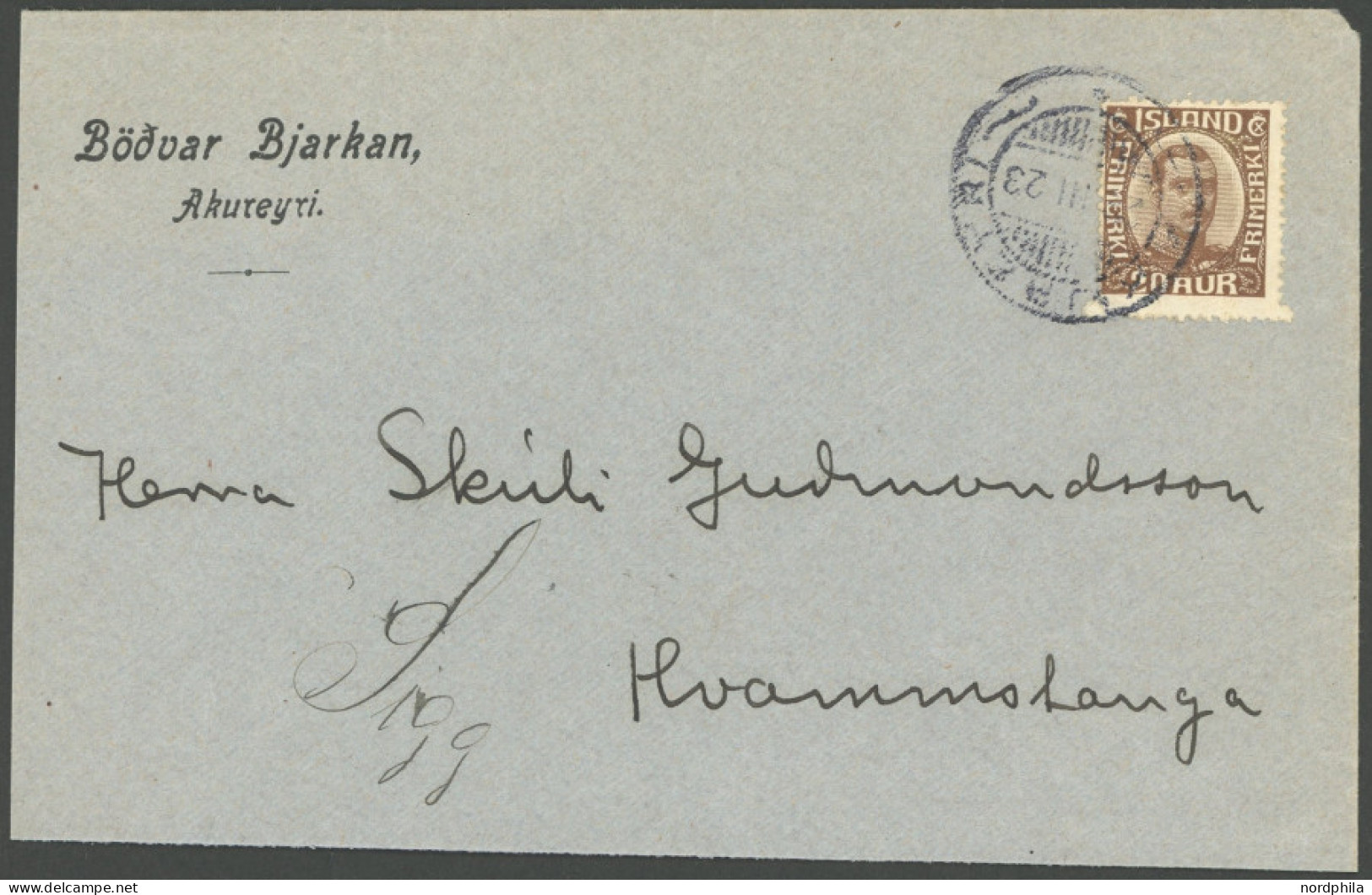 ISLAND 101 BRIEF, 1923, 20 A König Christian X, Einzelfrankatur Auf Brief Aus AKUREYRI, Pracht - Andere & Zonder Classificatie