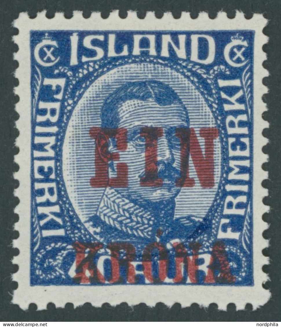 ISLAND 121 , 1926, 1 Kr. Auf 40 A. Blau, Postfrisch, Pracht, Mi. 400.- - Sonstige & Ohne Zuordnung