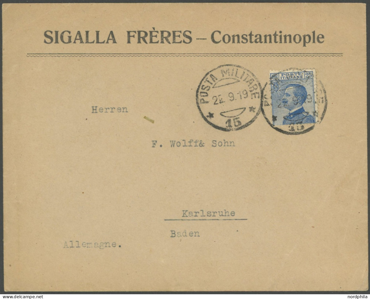 ITALIEN 1919, Firmenbrief Mit Interessantem Militärpoststempel POSTA MILITARE 15 Nach Karlsruhe, Feinst - Zonder Classificatie