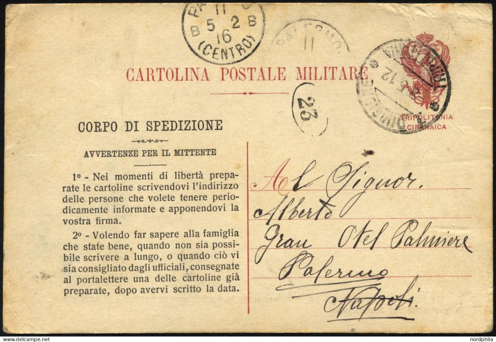 MILITÄRPOST 1912, Feldpoststempel DIVISIONE TRIPOLITANIA Auf Seltener Feldpost-Vordruckkarte (Vordruck Zu Deutsch: Es Ge - Militaire Post (PM)