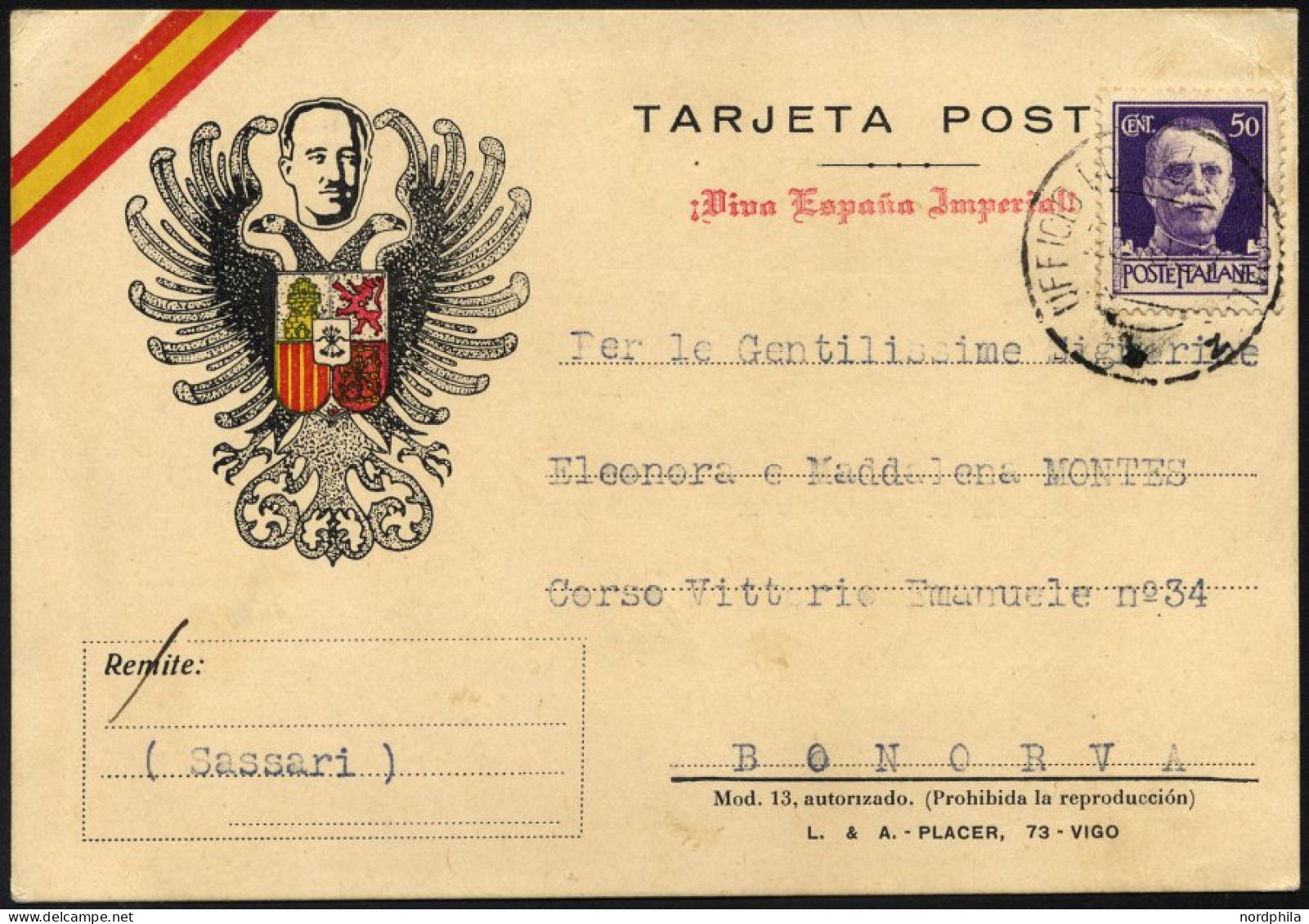 MILITÄRPOST 307 BRIEF, 1937, Propaganda-Feldpostkarte Mit Nicht Notwendiger Gebühr Von 50 C. Hellviolett, Vorderseitig P - Storia Postale