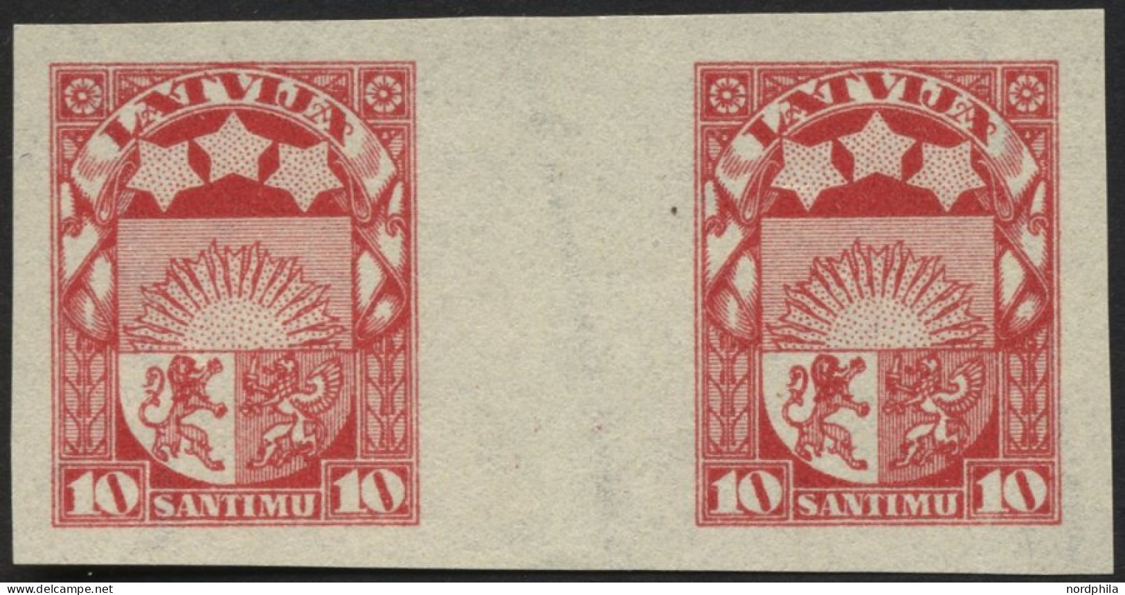 LETTLAND 93UZW , 1923, 10 S. Karmin, Ungezähnt Im Zwischenstegpaar, Ohne Gummi, Pracht - Lettonia