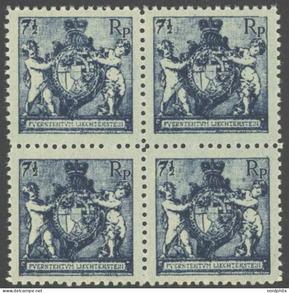 LIECHTENSTEIN 49B VB , 1921, 71/2 Rp. Schwarzblau, Gezähnt L 121/2, Im Viererblock, Postfrisch, Pracht, Mi. (120.-) - Other & Unclassified