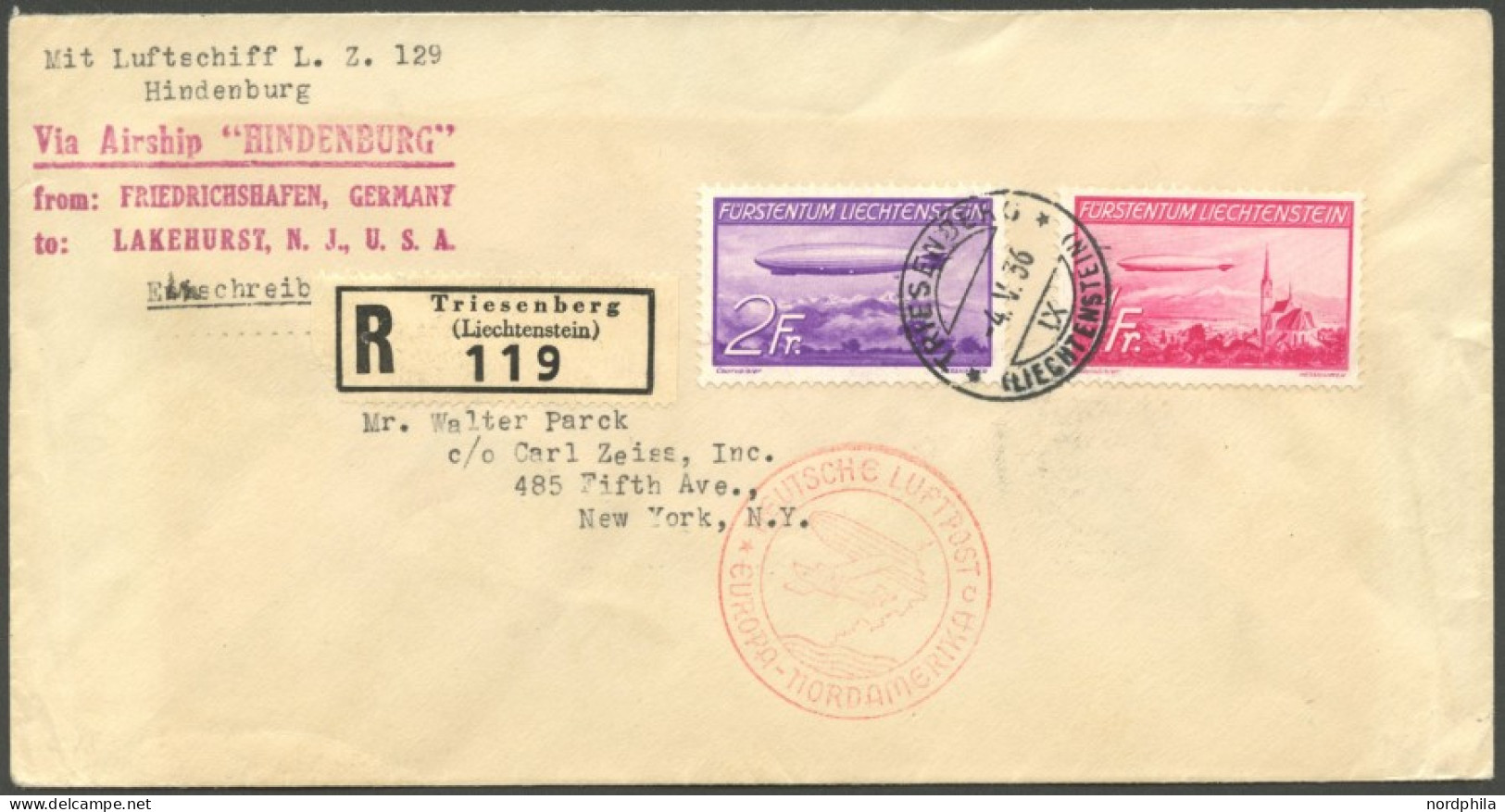 LIECHTENSTEIN 149/50 BRIEF, 1936, Zeppeline Auf Zeppelin-Einschreibbrief (leichte Bugspur) Nach New York, Marken Pracht - Altri & Non Classificati
