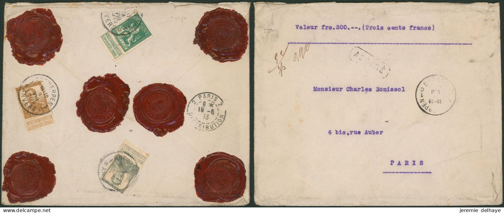 Pellens - Affranch. Tricolore Au Verso D'une Lettre Assuré (300Frs, Triple Port 1913) De Antwerpen > Paris. - 1912 Pellens