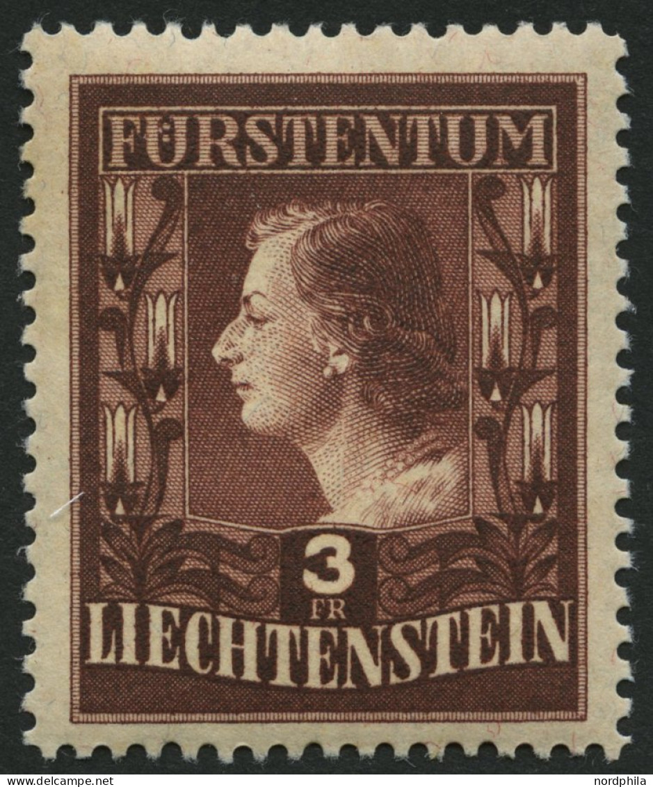 LIECHTENSTEIN 305A , 1951, 3 Fr. Fürstin Gina, Gezähnt L 121/2:12, Feinst (Gummi Leicht Getönt), Mi. 260.- - Autres & Non Classés