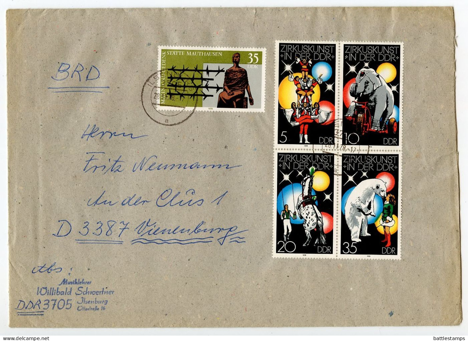 Germany, East 1978 Cover; Ilsenburg To Vienenburg; Stamps - Circus, Se-tenet Block Of 4 & Mauthausen Memorial - Brieven En Documenten