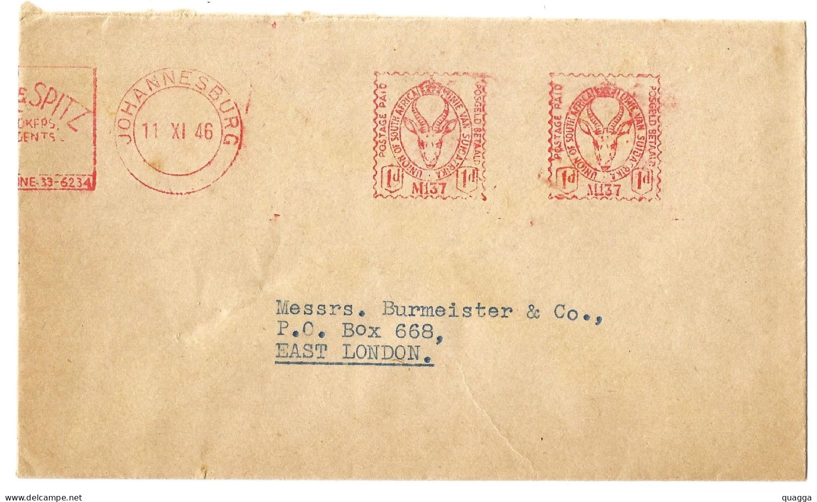 South Africa 1946. Postage Paid Franking Machine M137. - Covers & Documents