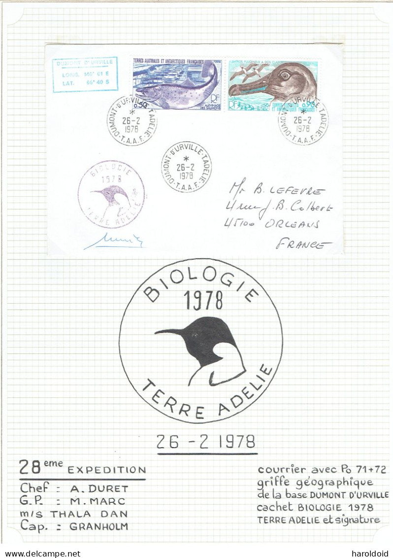 28e Expé Terre Adélie - Lettre Griffe Géographique Base Dumont D'Urville Cachet Biologique Et Signature - 26/2/1978 - Briefe U. Dokumente