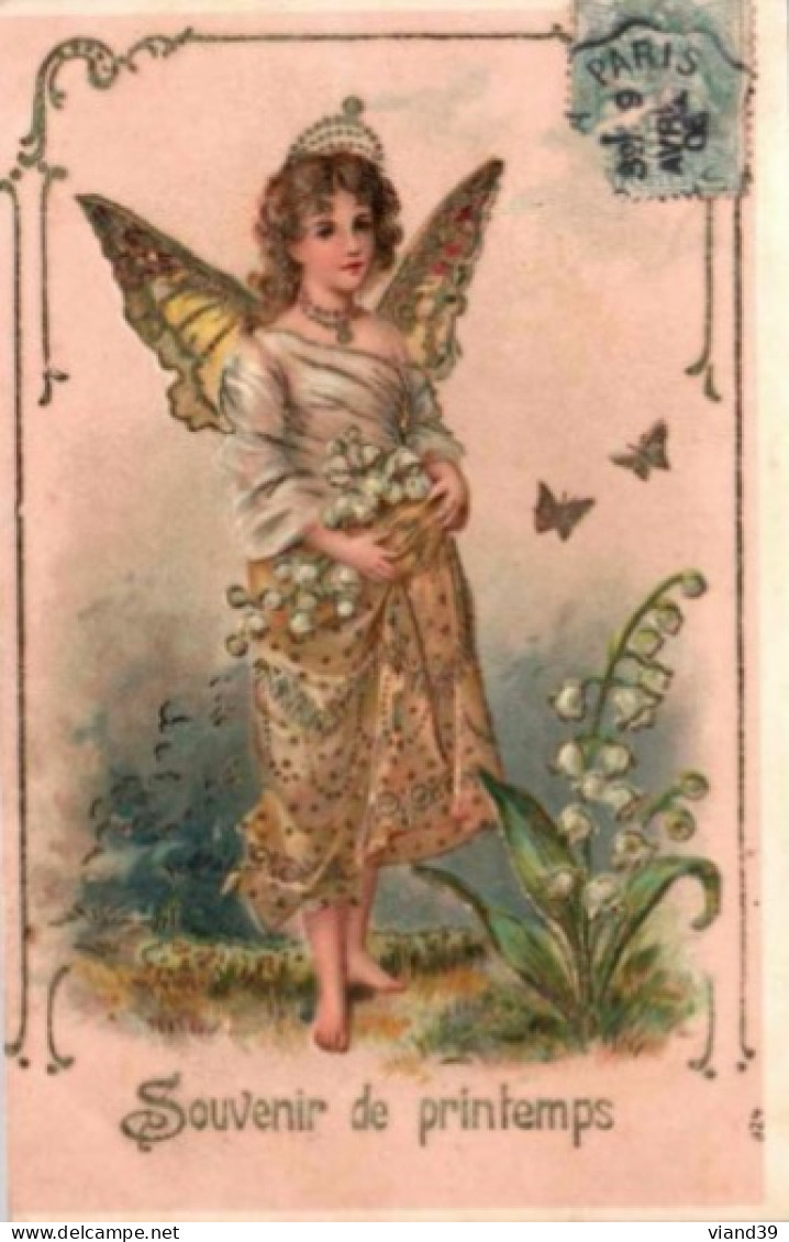 CPA. -  Ange, Angel, Carte Gaufrée. " Souvenir De Printemps Avec Muguet.   Cachet Poste Avril 1906 - Anges