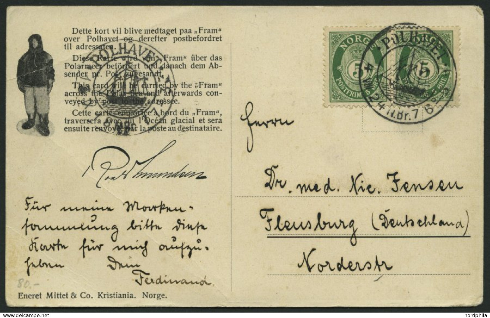 NORWEGEN 78 BRIEF, 1924, Fram - Karte, Von POLHAVET Nach Flensburg, Eckbug, Feinst - Otros & Sin Clasificación