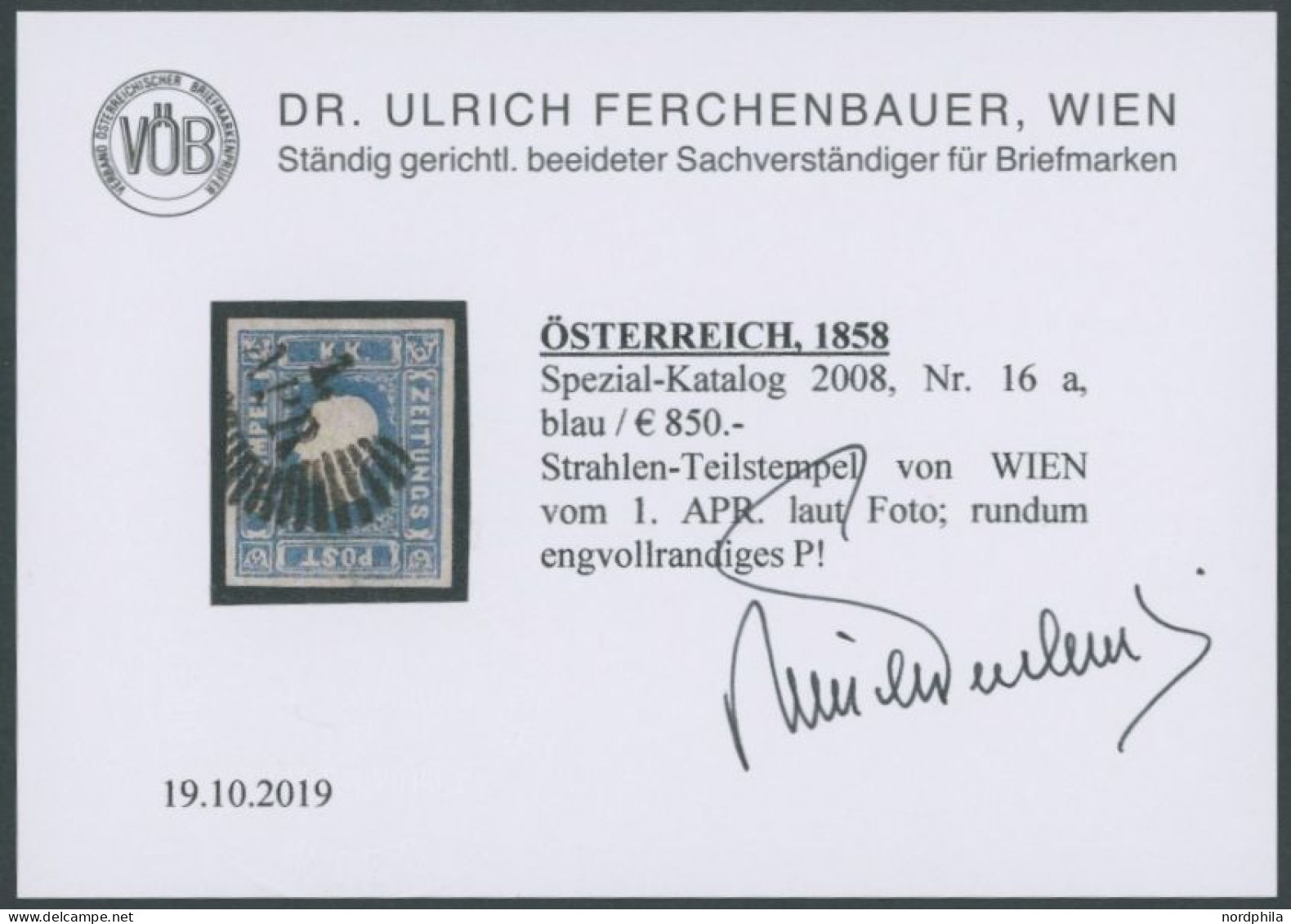 ÖSTERREICH BIS 1867 16a O, 1858, 1.05 Kr. Blau, Strahlenstempel Von WIEN, Pracht, Fotobefund Dr. Ferchenbauer, Mi. 700.- - Other & Unclassified