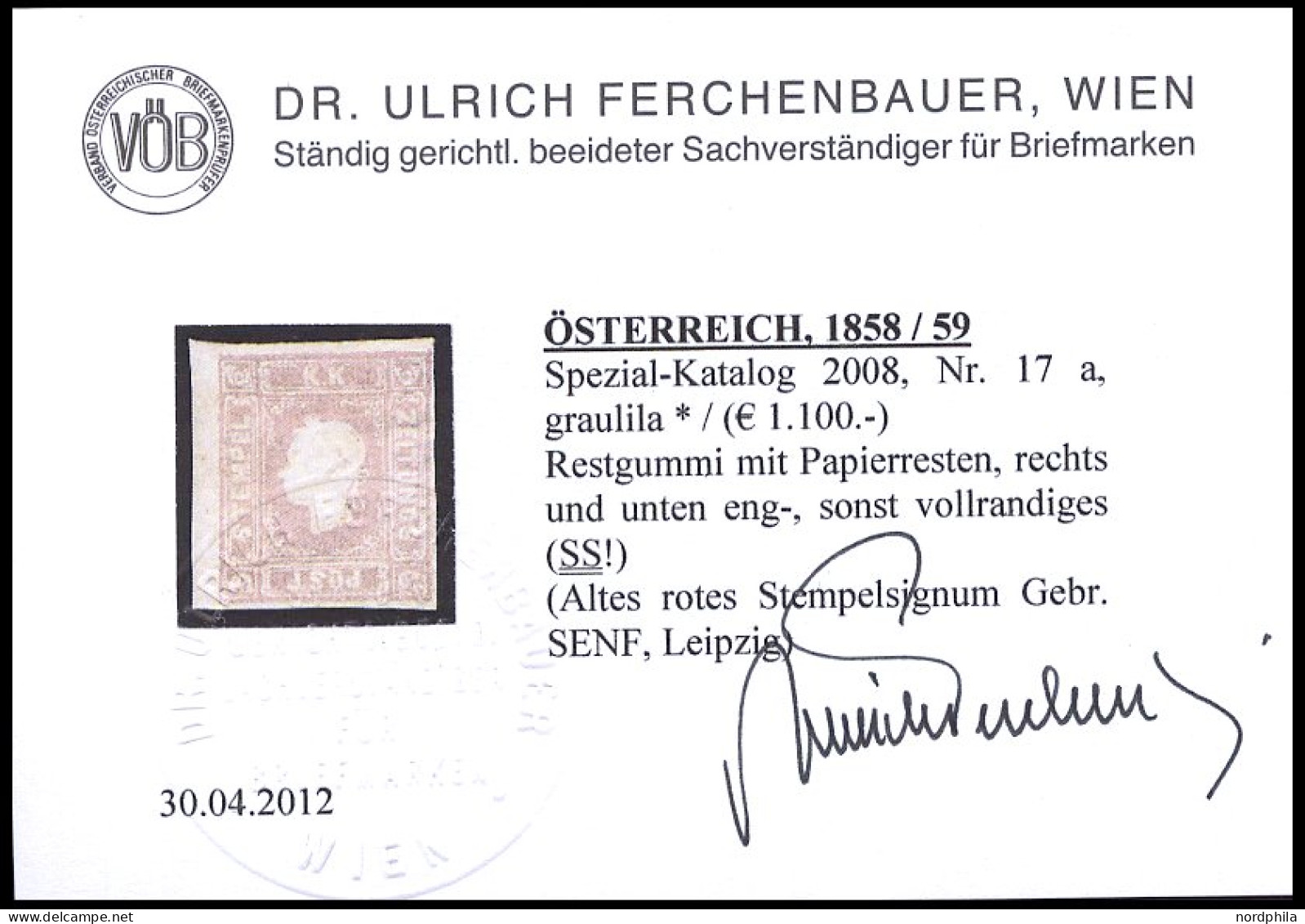 ÖSTERREICH , 1858, 1.05 Kr. Graulila, Gummireste, Schmal-vollrandig, Pracht, Fotobefund Dr. Ferchenbauer, Mi. 900.- - Oblitérés