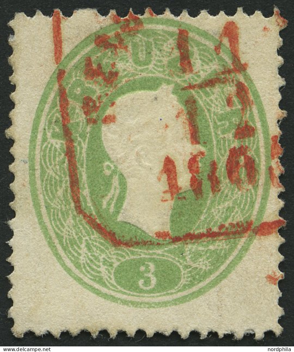 ÖSTERREICH 19 O, 1862, 3 Kr. Grün, Roter Reco-Stempel, Pracht, Mi. 130.- - Gebraucht