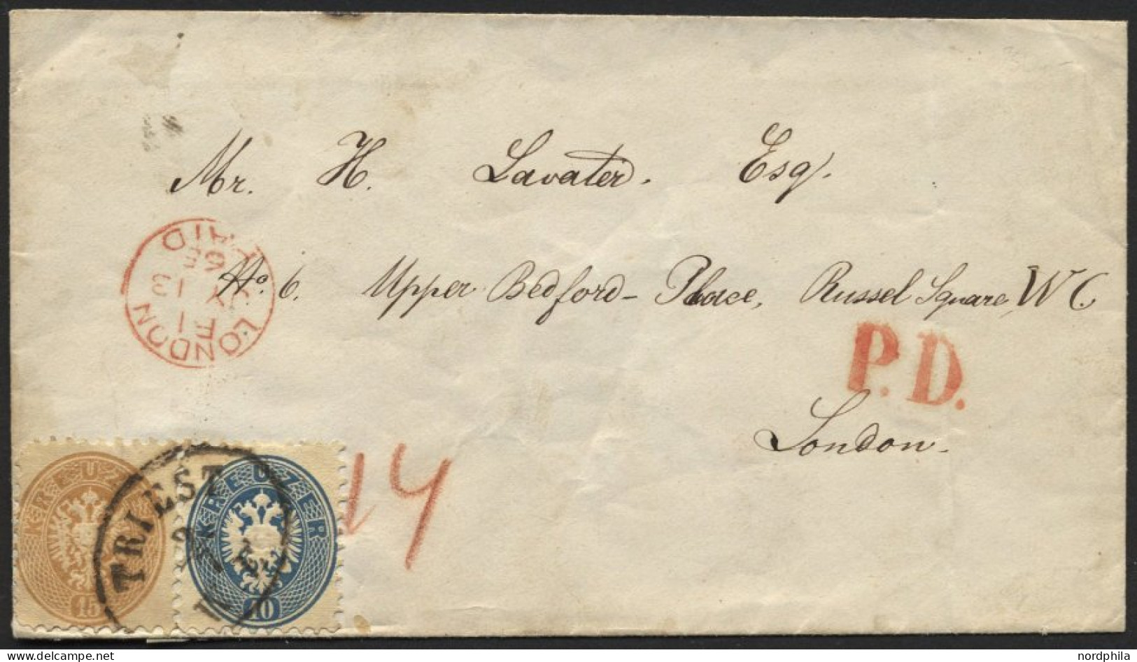 ÖSTERREICH 33/4 BRIEF, 1865, 10 Kr. Blau Und 15 Kr. Braun (Eckfehler) Auf Brief Von TRIEST Nach London, Pracht - Oblitérés