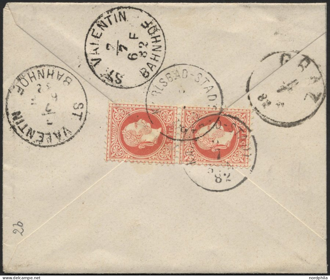 ÖSTERREICH 37II Paar BRIEF, 1882, 5 Kr. Rot, Feiner Druck, Im Senkrechten Paar Rückseitig Auf Brief Von Karlsbad Nach Gr - Usados